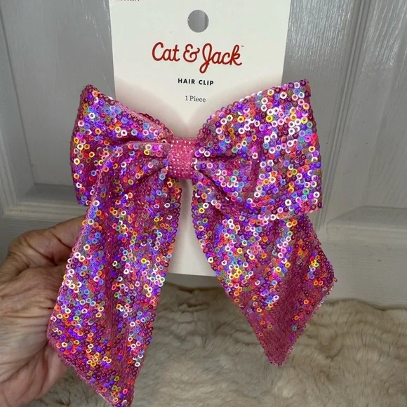 CAT & JACK PINK SEQUIN HAIR BOW CLIP - Picture 1 of 12